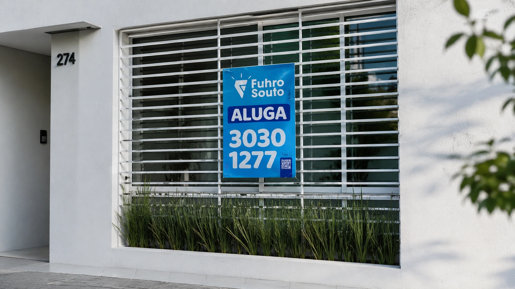 Placa Aluga Fuhro Souto instalada em fachada de imóvel em Pelotas